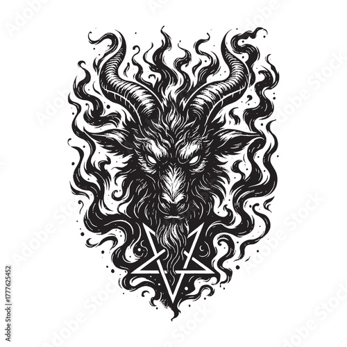 Dark hand-drawn Baphomet vector illustration with flame details and occult symbols, perfect for gothic tattoos, apparel, or mystic poster designs.