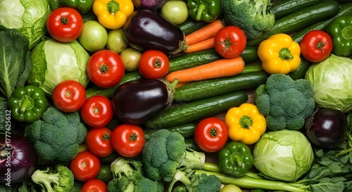 Photo from above of a collection of all the fresh colorful vegetables such as tomatoes, carrots, broccoli, and peppers arranged neatly on the table.