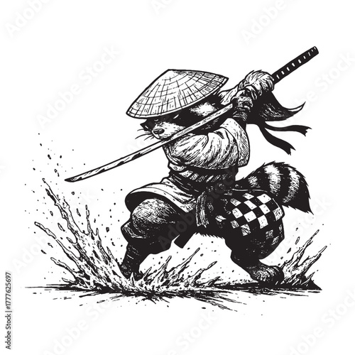Hand-drawn raccoon samurai vector illustration with katana, dynamic ink sketch style, ideal for prints, t-shirts, or fantasy art designs.