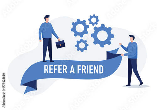 Two men collaborating on a "Refer a Friend" program with gears in the background.