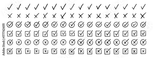 Hand drawn check and cross icons set in circle and square outline checklist marks vector illustration