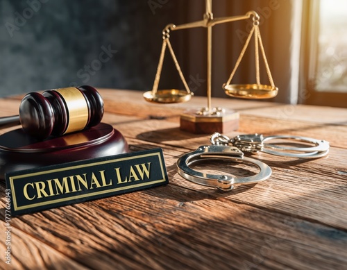 Criminal law concept with gavel, scales of justice, and handcuffs. Ideal for themes related to court, law, police, arrests, or legal services