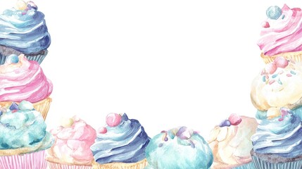 Watercolor cupcakes frame colorful sweet treats for design and background