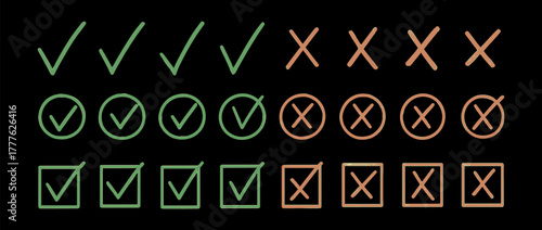 Hand drawn doodle checkmark and cross icons set checklist marks in box and circle grunge brush style vector illustration