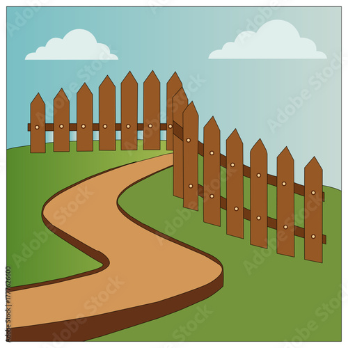 Curved Path with Wooden Fence Design . Minimal Landscape Illustration Showing Countryside Scenery and Outdoor Nature Concept