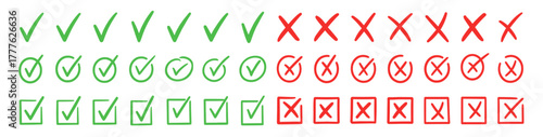 Green check and red cross icons set checklist marks in circle and square hand drawn vector illustration