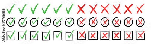 Hand drawn doodle checkmark and cross icons set checklist marks in box and circle grunge brush style vector illustration