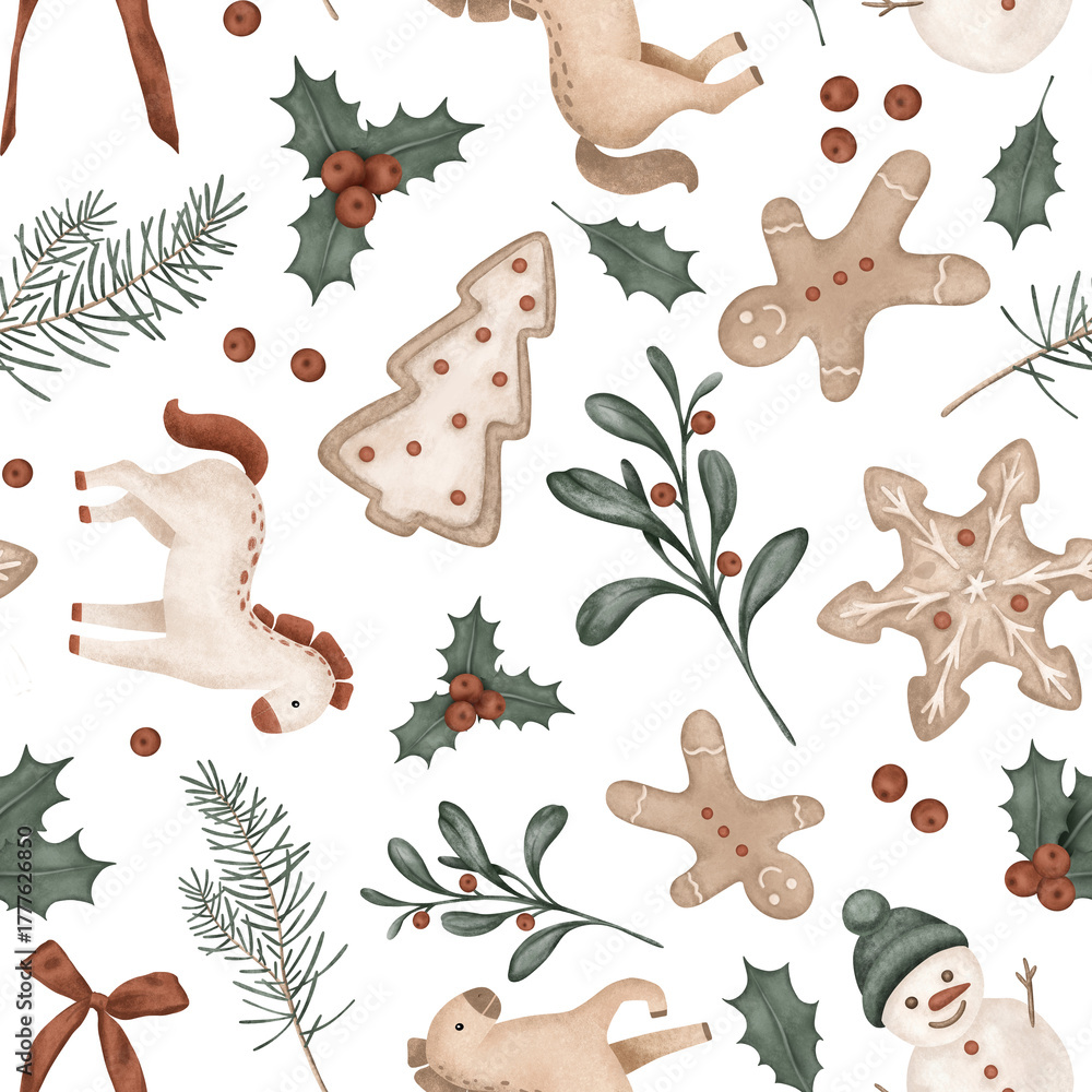 Obraz premium Christmas seamless pattern with symbol new year 2026, horses, pine branches, for tree, bow. Repeat ornament with illustration holly and red berries and sweet cookie gingerbread and snowman.