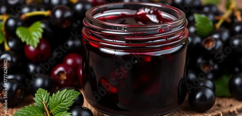 Dark, glistening black currant jam in a glass jar, dark, rich
