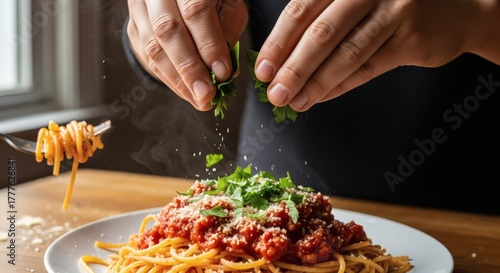 Person Garnishing Delicious Spaghetti Dish With Fresh Herbs And Cheese