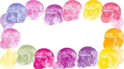 Watercolor helmets arranged in a colorful border for design or decoration