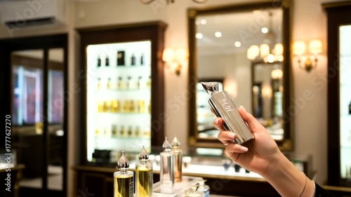 Womans Hand Holding a Perfume Bottle in a Luxurious Fragrance Boutique.