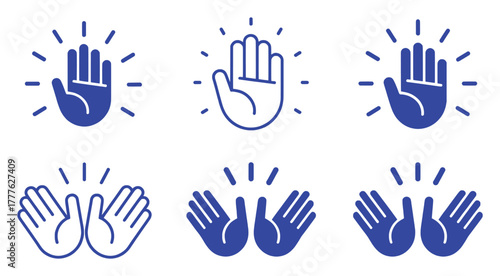 Collection of Blue Hand Icons with Radiant Rays, Representing Communication and Action