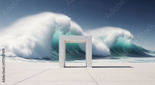 Fototapeta Naklejka Na Ścianę i Meble -  Abstract archway on beach with large ocean waves crashing behind