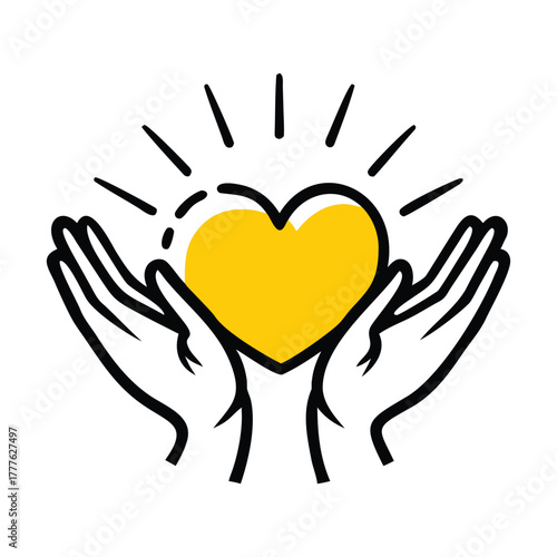 Hands holding a glowing yellow heart with radiating lines Keywords: heart, hands, holding, love