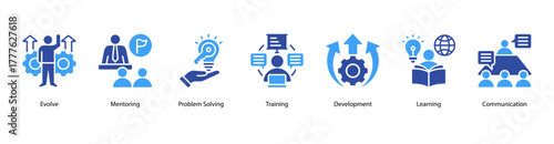 Professional Growth web banner vector illustration featuring Evolve, Mentoring, Problem Solving, Training, Development, Learning, and Communication.