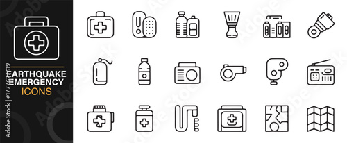 Outline icons of earthquake safety and rescue tools for disaster response design