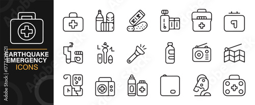 Emergency preparedness icons pack showing survival kits, radios, and flashlights
