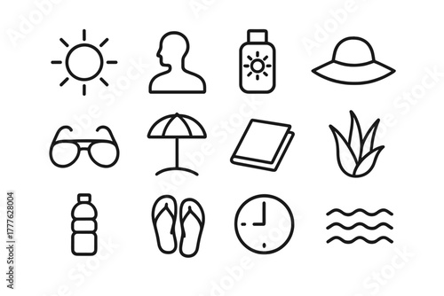 Sun Exposure Icon Set. Sun exposure icons. Line outline icon set of sun exposure icons: sun, person, sunscreen