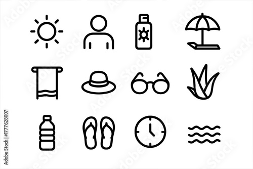 Overexposure Icon Set. Overexposure. Line outline icon set of overexposure: sun, person, sunscreen bottle,