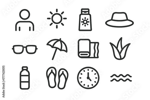 Summer Safety Icons. Summer safety. Line outline icon set of summer safety: person, sun, sunscreen, hat,
