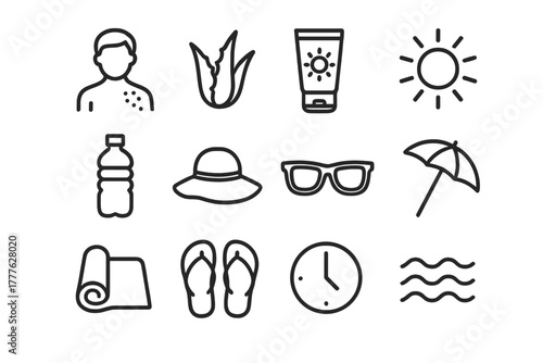 Sunburn Care Essentials. Sunburn care. Line outline icon set of sunburn care: person, aloe vera, sunscreen,