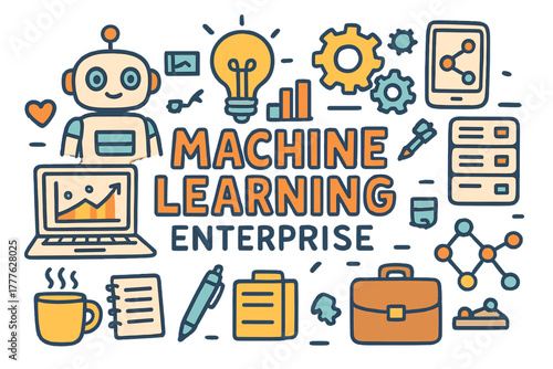 Machine Learning Doodle. Machine Learning Enterprise. Hand-drawn doodle illustration of machine learning