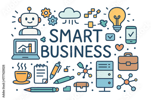Smart Business Doodle. Smart Business. Hand-drawn doodle illustration of smart business. Robot assistant,