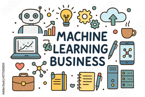 Machine Learning Doodle. Machine Learning Business. Hand-drawn doodle illustration of machine learning