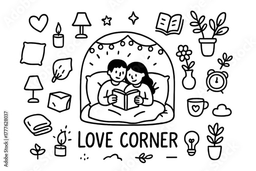 Cozy Love Nook. Love corner. Hand-drawn doodle illustration of love corner. In the middle, one slightly larger