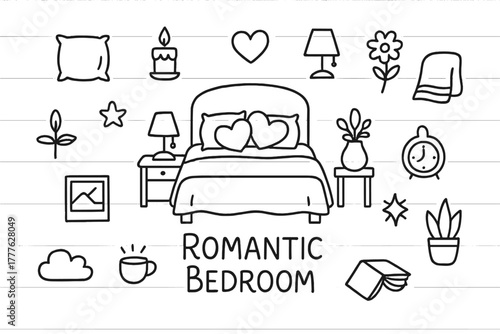 Cozy Romantic Bedroom. Couple’s bedroom. Hand-drawn doodle illustration of couple’s bedroom. In the middle,