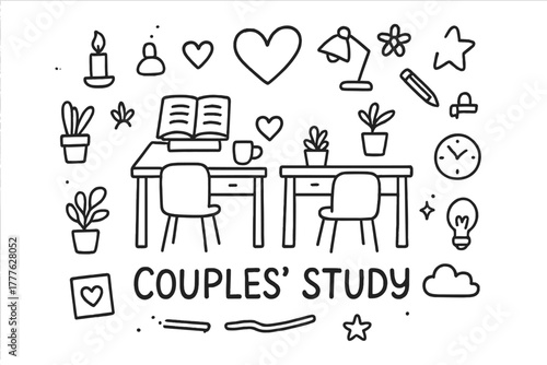 Couples' Study Space. Couples’ study space. Hand-drawn doodle illustration of couples’ study space. In the