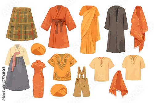 Ethnic Clothing Stickers. Ethnic clothing set. Realistic hand-painted watercolor style sticker sheet of ethnic