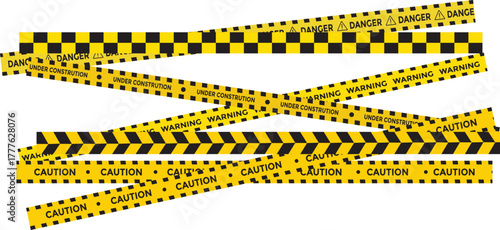 Yellow and black danger tape set with skull symbols for safety hazard zones roads and construction. under construction, caution, Warning zone, danger tapes. Caution tape set of warning ribbons on tran