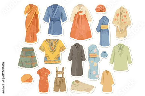 World Clothing Stickers. World clothing collection. Realistic hand-painted watercolor style sticker sheet of