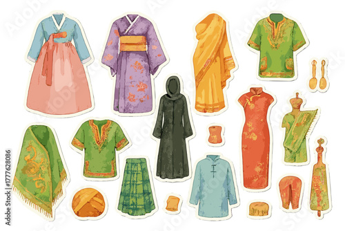 Traditional Fashion Stickers. Traditional fashion kit. Realistic hand-painted watercolor style sticker sheet
