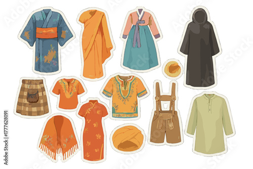 Global Attire Stickers. Global attire kit. Realistic hand-painted watercolor style sticker sheet of global