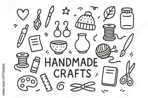 Handmade Crafts Illustration. Handmade crafts. Hand-drawn doodle illustration of handmade crafts. In the