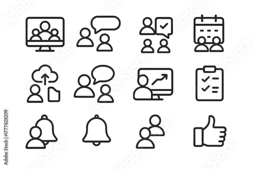 Remote Work Icons. Remote teamwork. Line outline icon set of remote teamwork: video call, group chat, shared