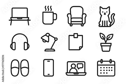 Home Office Icon Set. Work from home. Line outline icon set of work from home: laptop on desk, coffee mug,