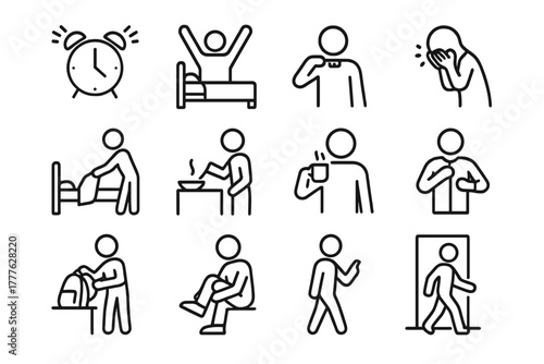Morning Routine Icons. Morning routine. Line outline icon set of morning routine: alarm clock, stretching,