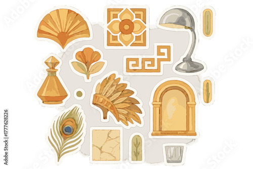 Art Deco Sticker Sheet. Modernism and its effect on contemporary art. Realistic hand-painted watercolor style