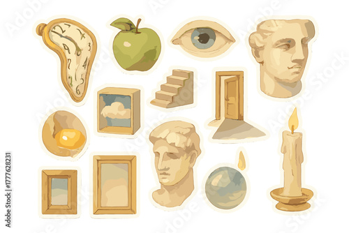 Surreal Sticker Watercolor Set. Modernism and its effect on contemporary art. Realistic hand-painted