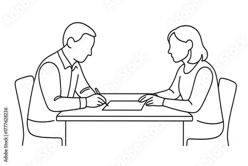 Minimalist Conference Sketch. Parent-Teacher Conference. Minimalistic one-line drawing two people sitting at a