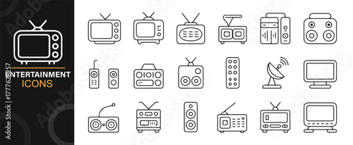Modern minimal line art icons of speakers, remote controls, and TV equipment