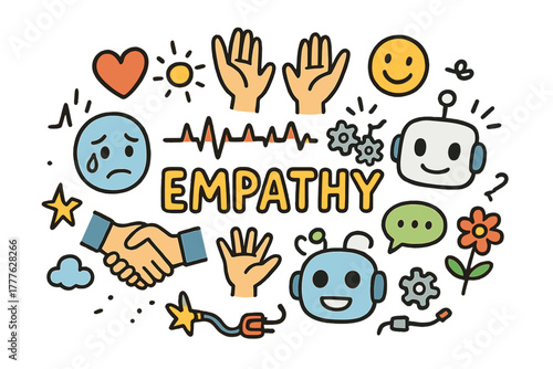 Empathy with Robots. Human empathy toward robots. Hand-drawn doodle illustration of human empathy toward