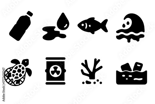 Ocean Pollution Icons. Ocean Pollution. Filled icon set of Ocean Pollution: plastic bottle, oil spill, dead