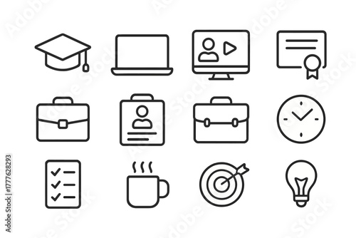 Career Preparation Icons. Career preparation. Line outline icon set of career preparation: graduation cap,