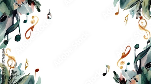 Watercolor musical notes and floral elements on white background