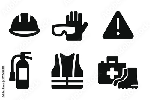 Safety Equipment Icons. Safety Equipment. Filled icon set of Safety Equipment: hard hat, safety glasses,